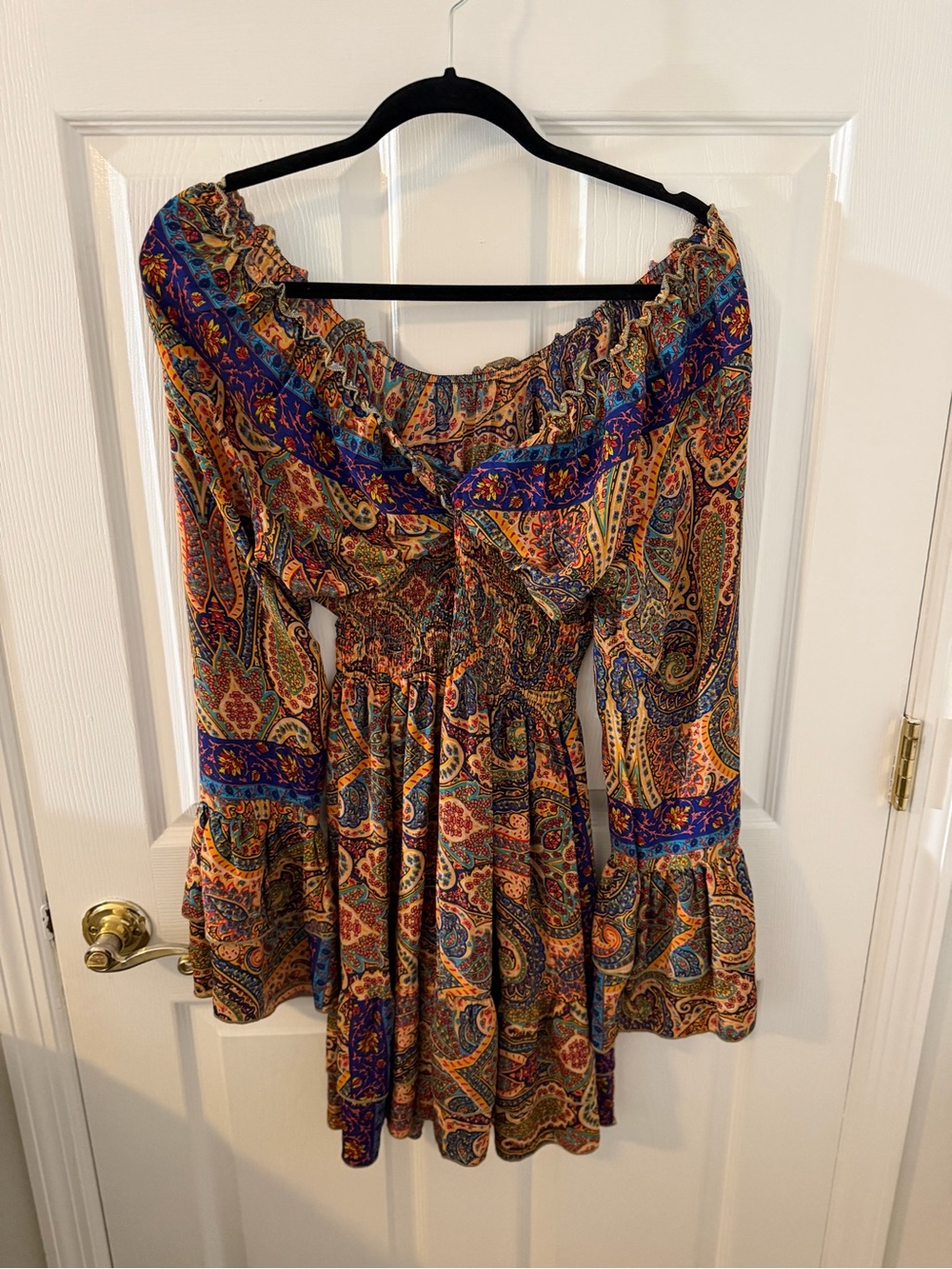 Bohemian Paisley Long-Sleeve Off-Shoulder Dress in Multicolor